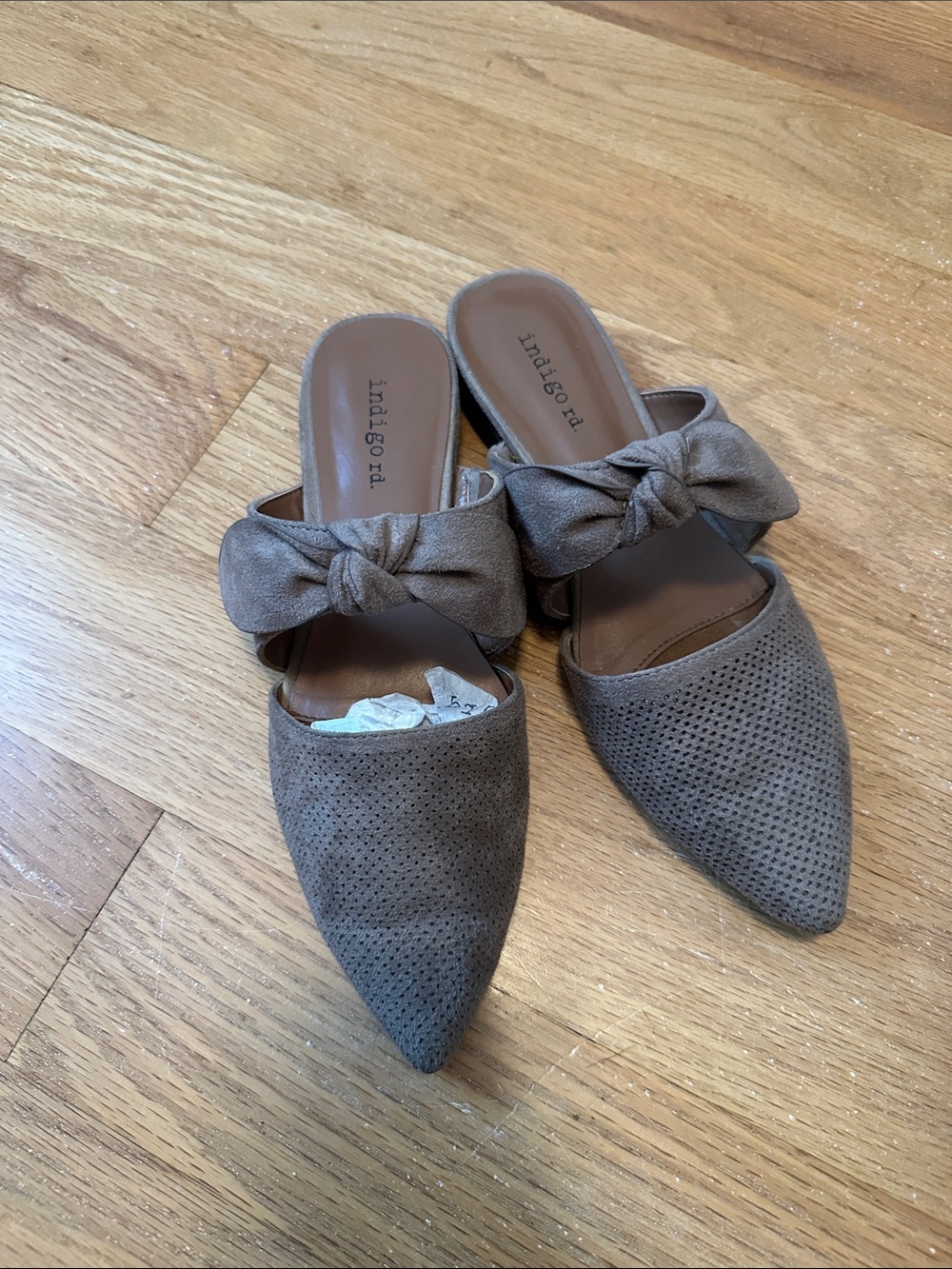 Indigo Taupe Pointed Bow-Accent Slip-On Mules